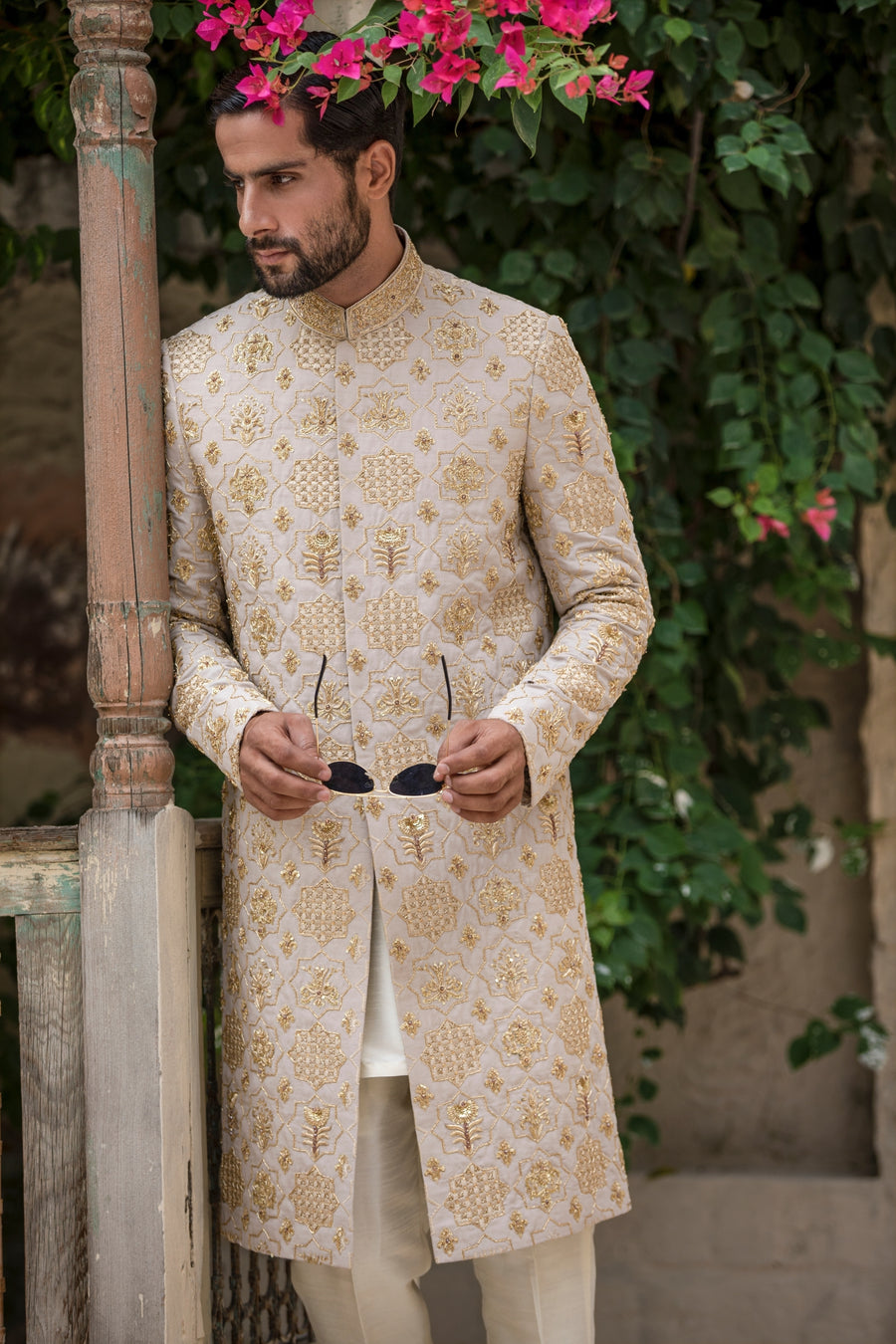 Beige Hand Embroidered Sherwani