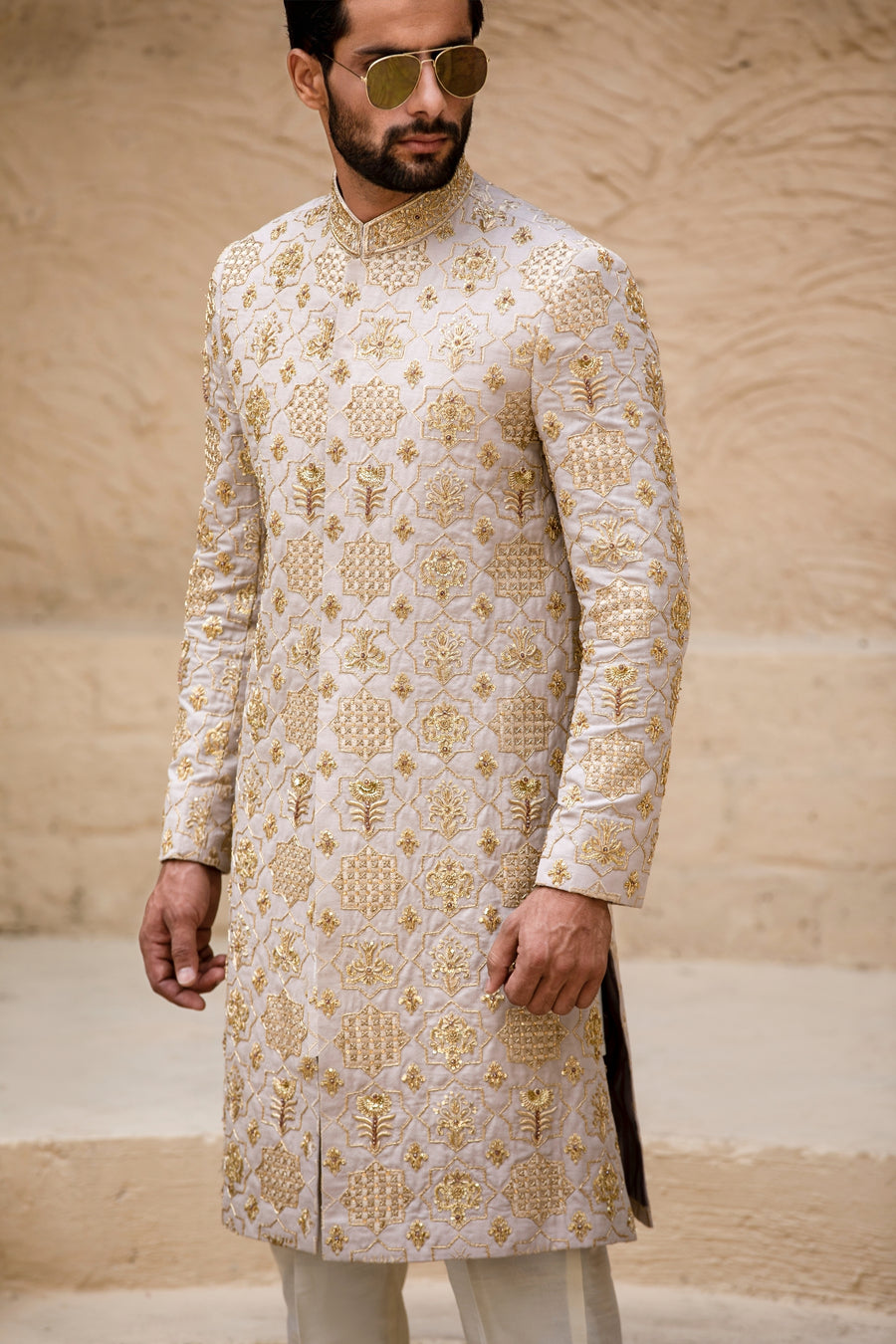 Beige Hand Embroidered Sherwani