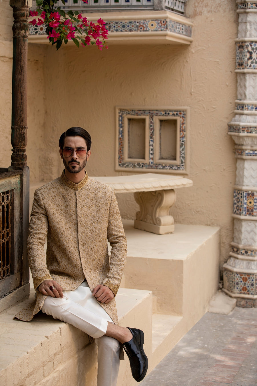 Cream Hand Embroidered Sherwani