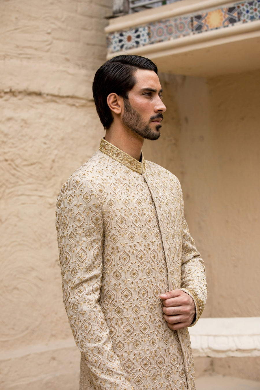 Cream Hand Embroidered Sherwani