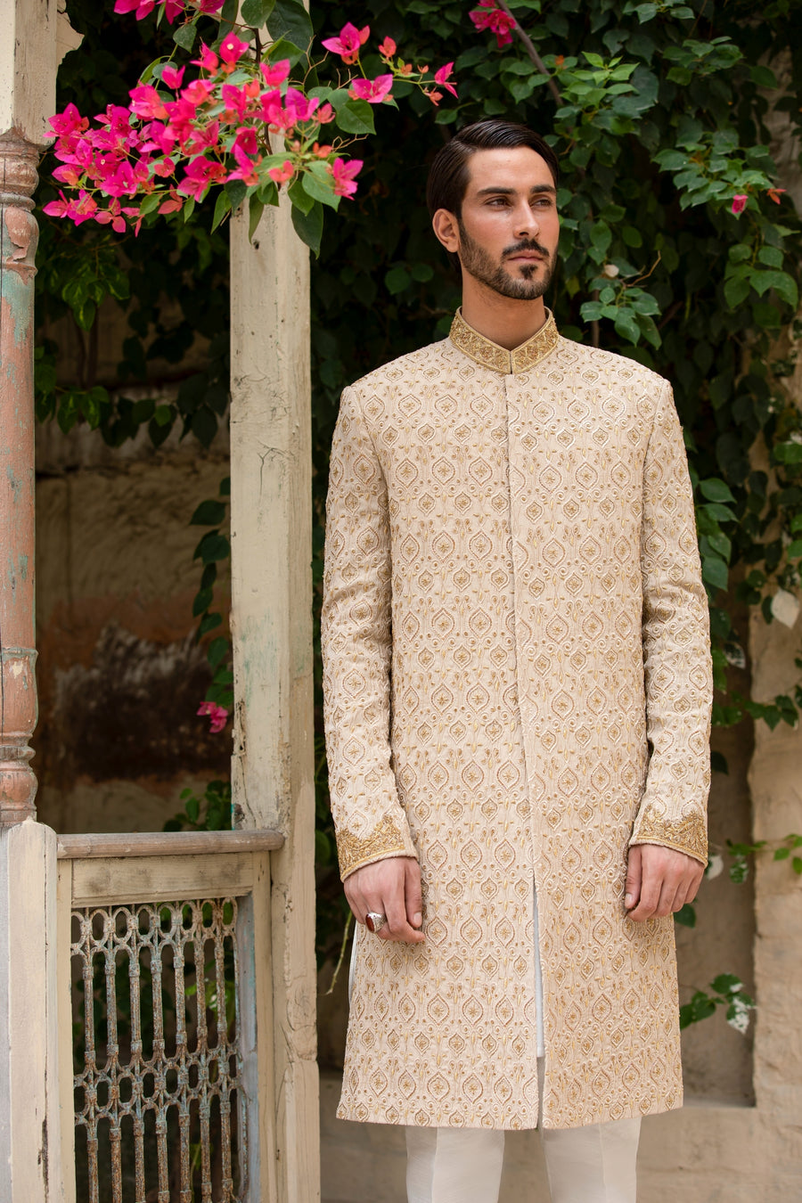 Cream Hand Embroidered Sherwani