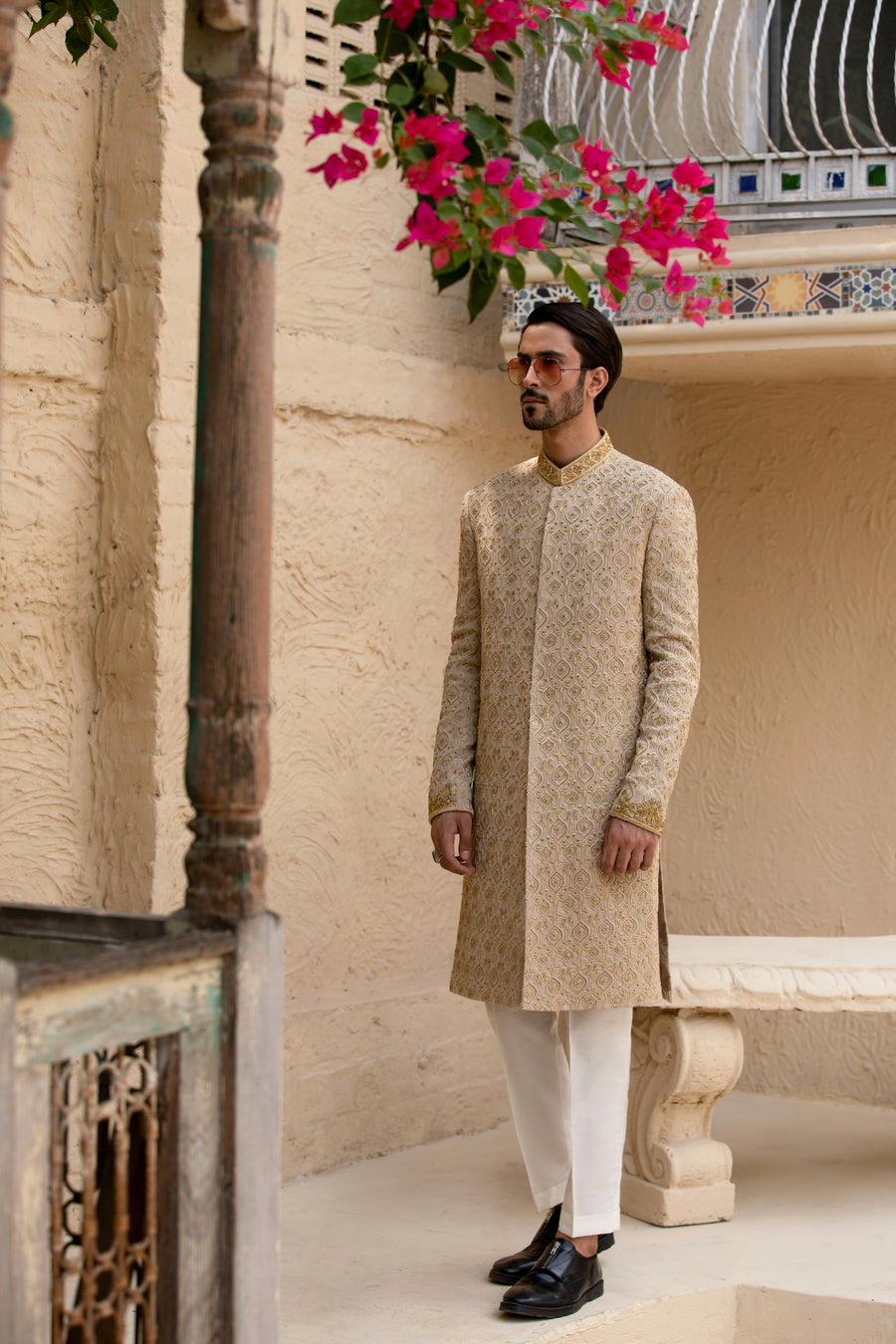 Cream Hand Embroidered Sherwani