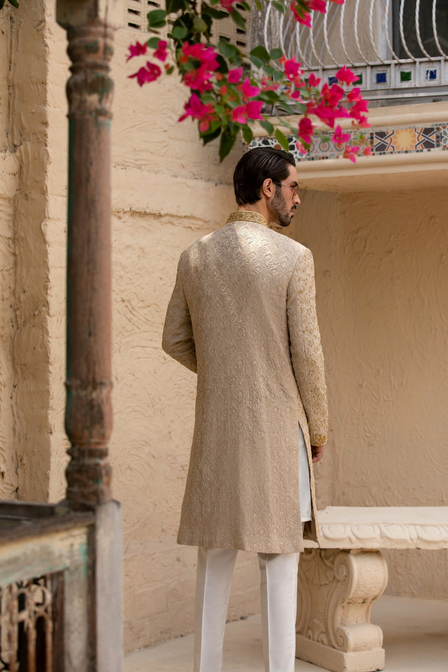 Cream Hand Embroidered Sherwani