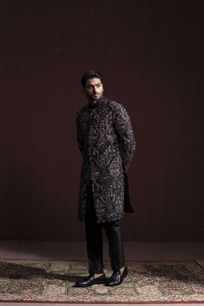 BLACK SHERWANI WITH SILVER HAND EMBROIDERY