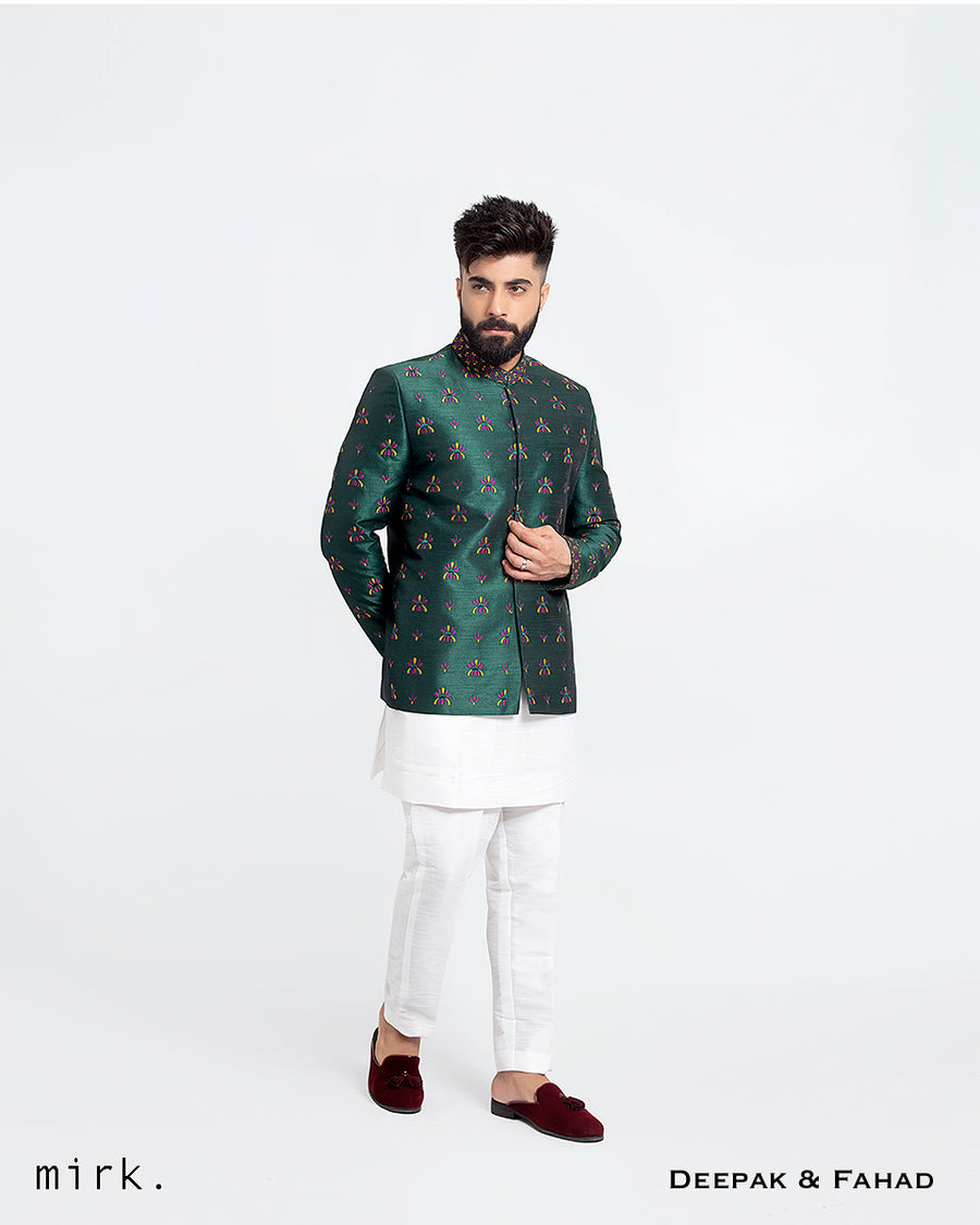 GREEN RAW SILK EMBROIDERED PRINCE COAT