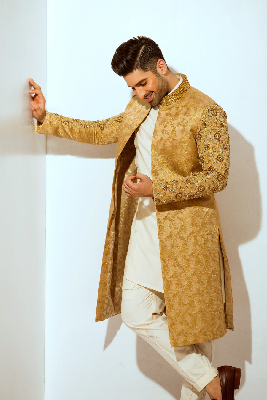 Dull Gold Banarsi hand Embroidered Sherwani