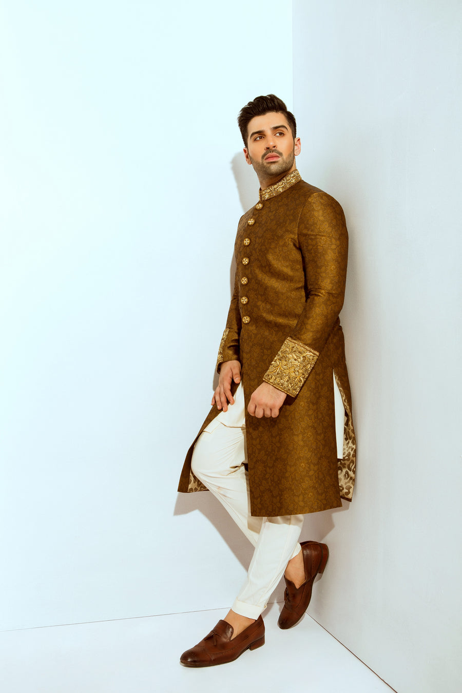 Jamawar Sherwani Hand Embroidered Cuff,Button  and Collar