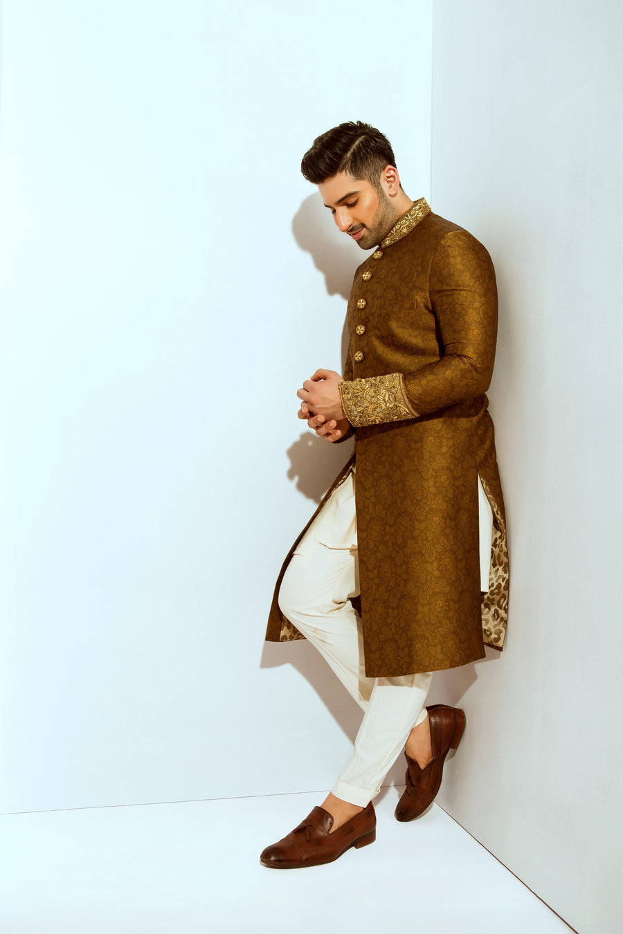 Jamawar Sherwani Hand Embroidered Cuff,Button  and Collar