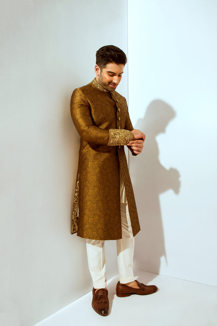 Jamawar Sherwani Hand Embroidered Cuff,Button  and Collar