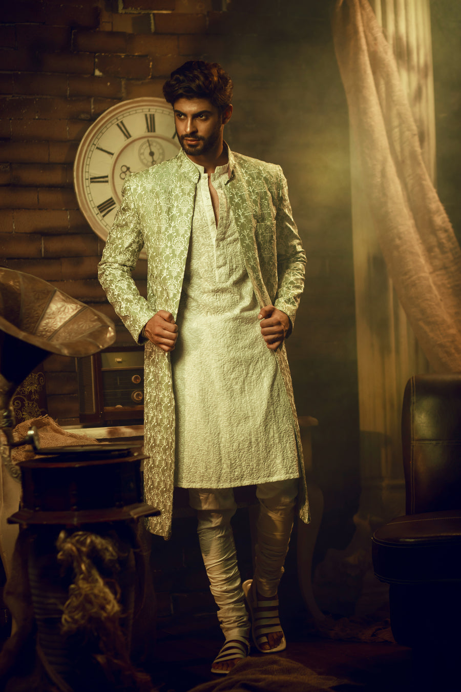 Pistachio green Front open Embroidered sherwani