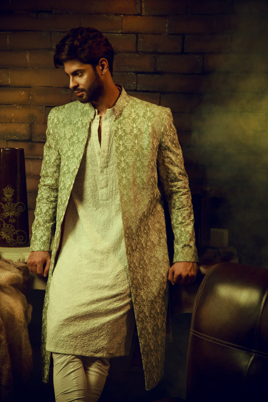 Pistachio green Front open Embroidered sherwani