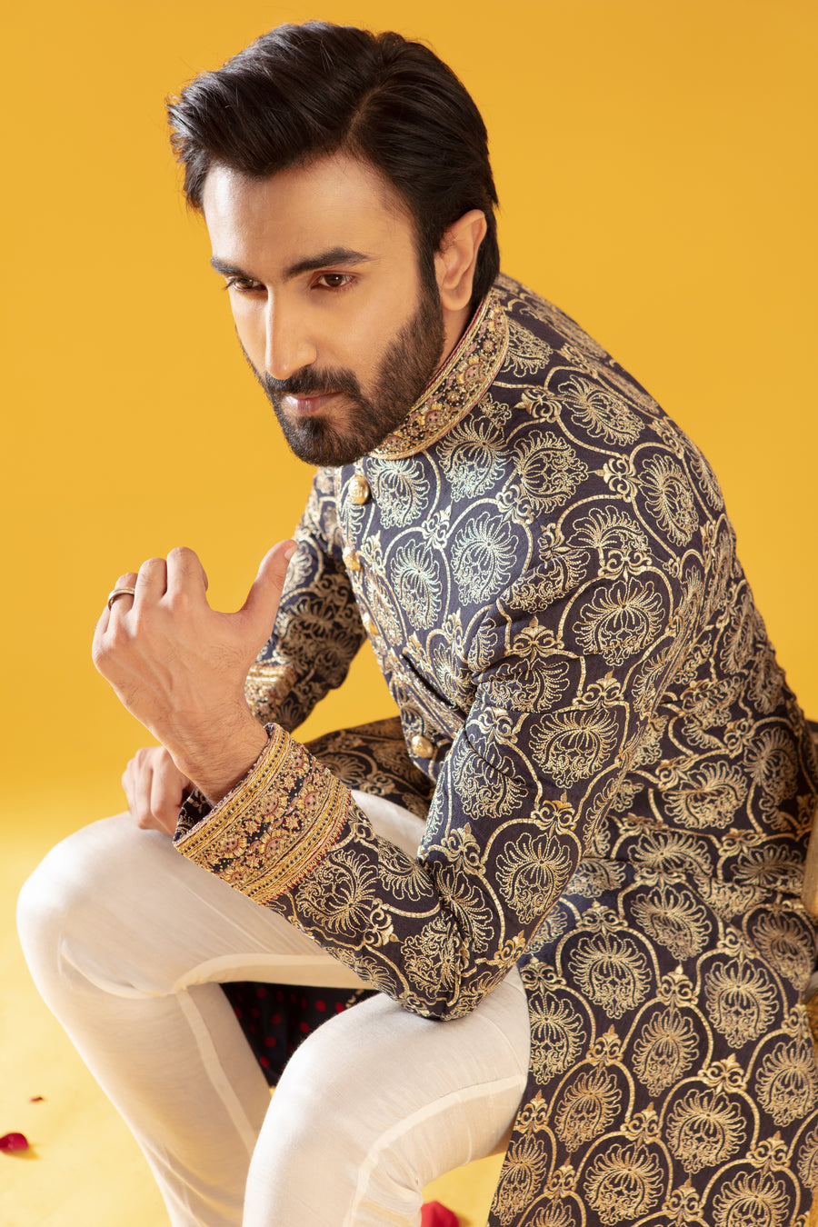 Dark Blue Embroidered Sherwani