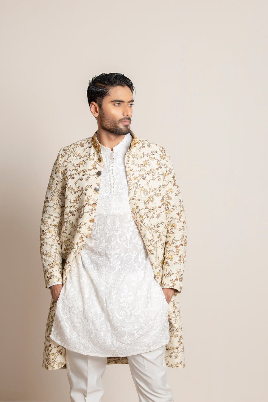 Off white embroidered Sherwani with hand work on collar