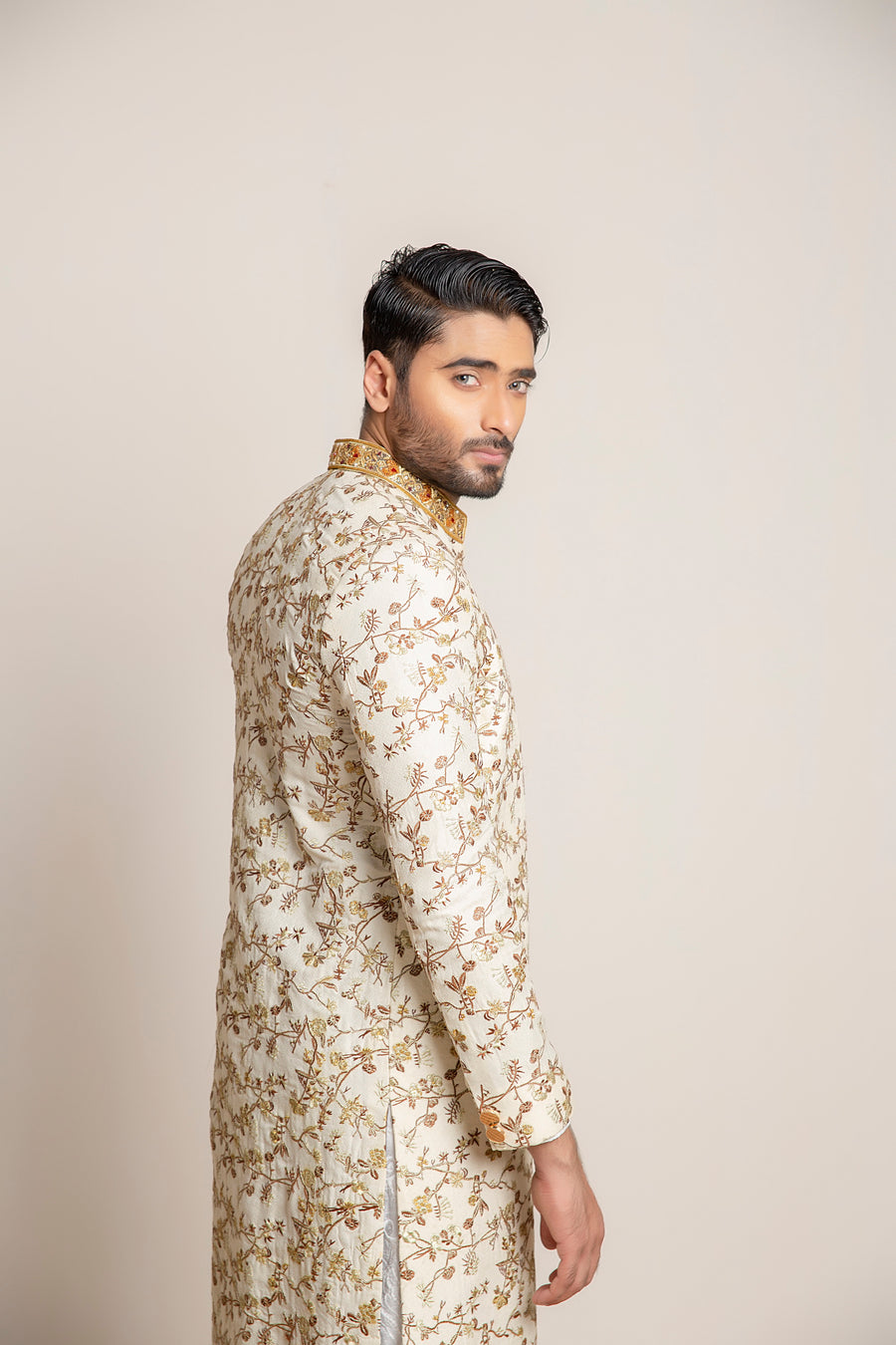 Off white embroidered Sherwani with hand work on collar