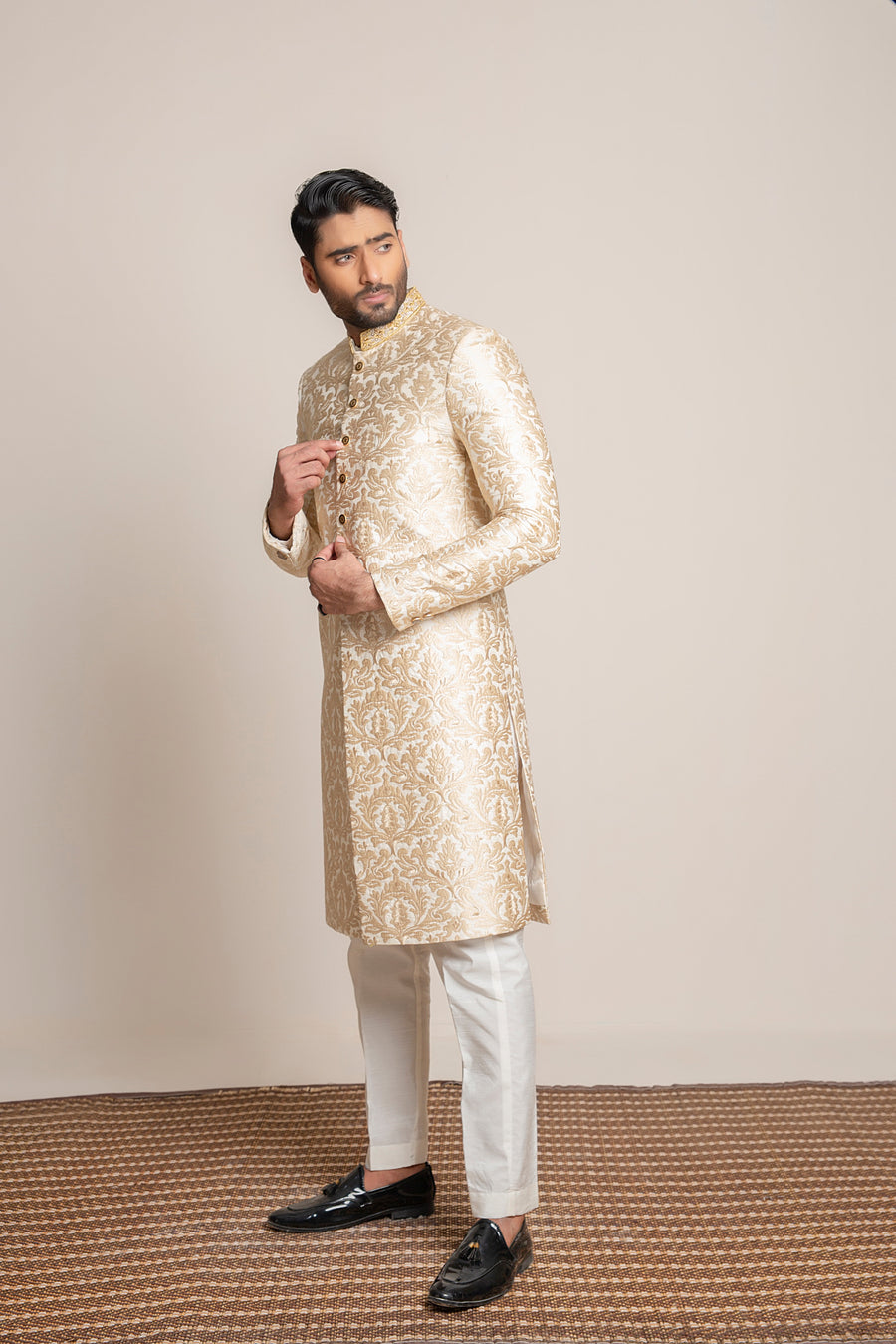 Golden embroidered Sherwani with hand work on collar