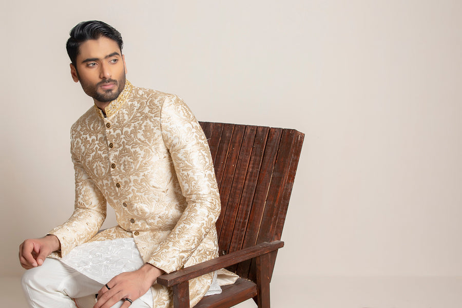 Golden embroidered Sherwani with hand work on collar