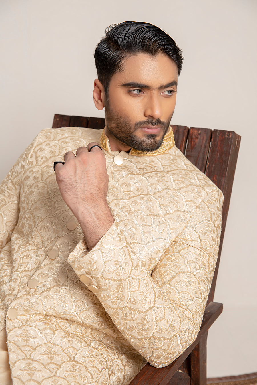 Golden embroidered Sherwani with hand work on collar