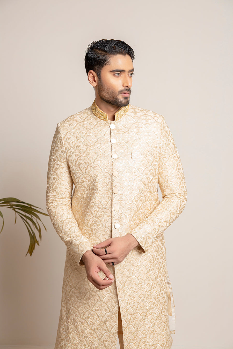 Golden embroidered Sherwani with hand work on collar