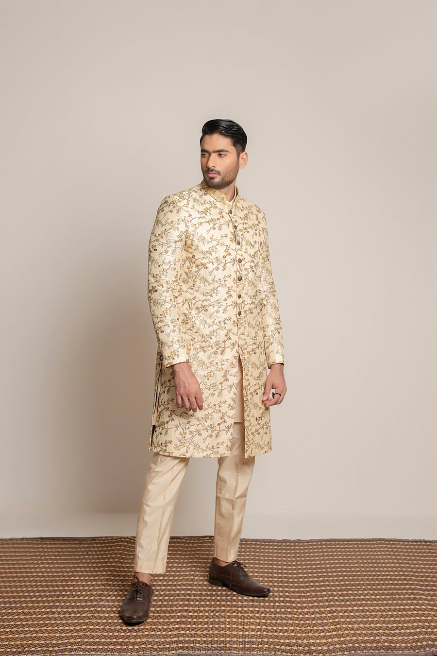 Golden embroidered Sherwani with hand work on collar