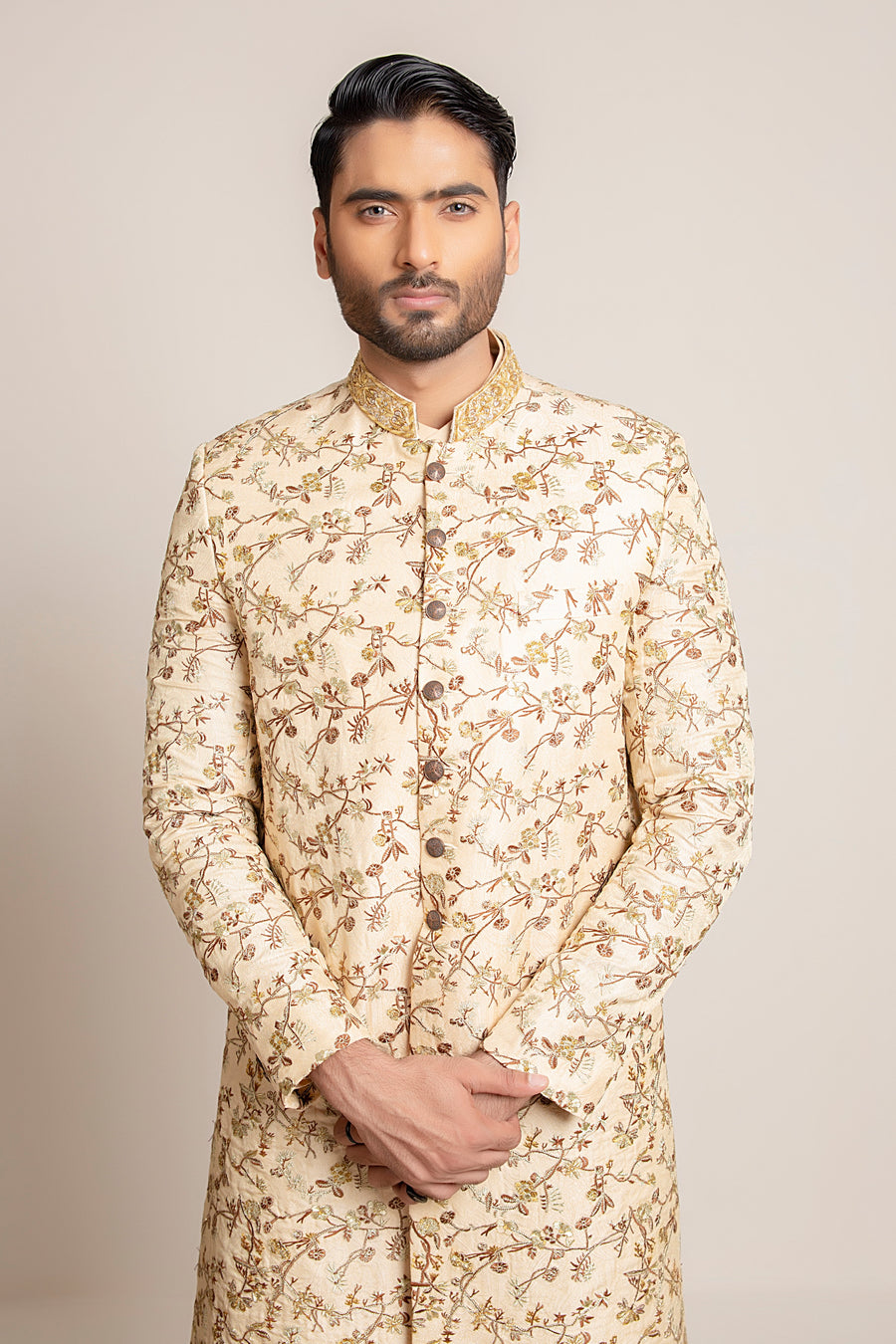 Golden embroidered Sherwani with hand work on collar