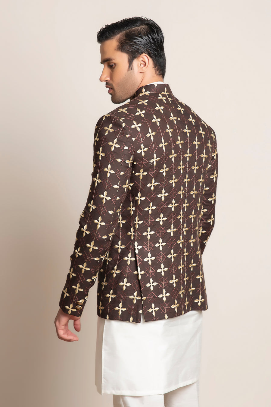 BROWN CHECKERED EMBROIDERED PRINCE COAT