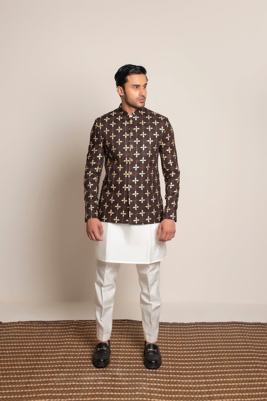 BROWN CHECKERED EMBROIDERED PRINCE COAT