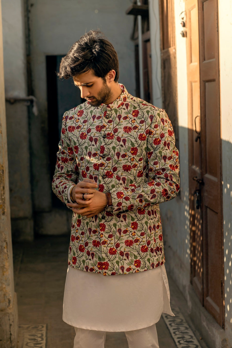 White floral Raw Silk Embroidered Front Prince Jacket