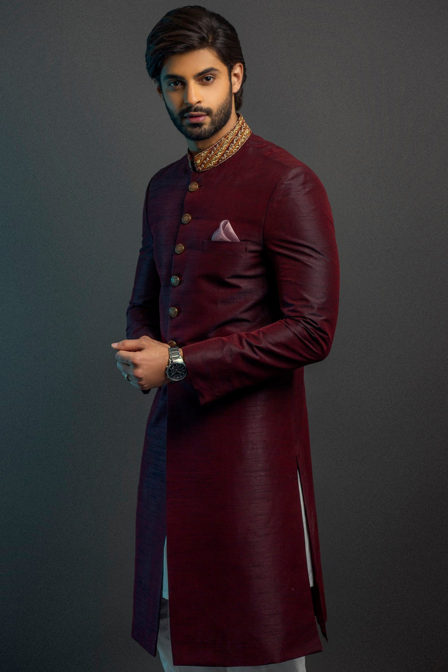 CLASSIC MAROON RAW SILK SHERWANI