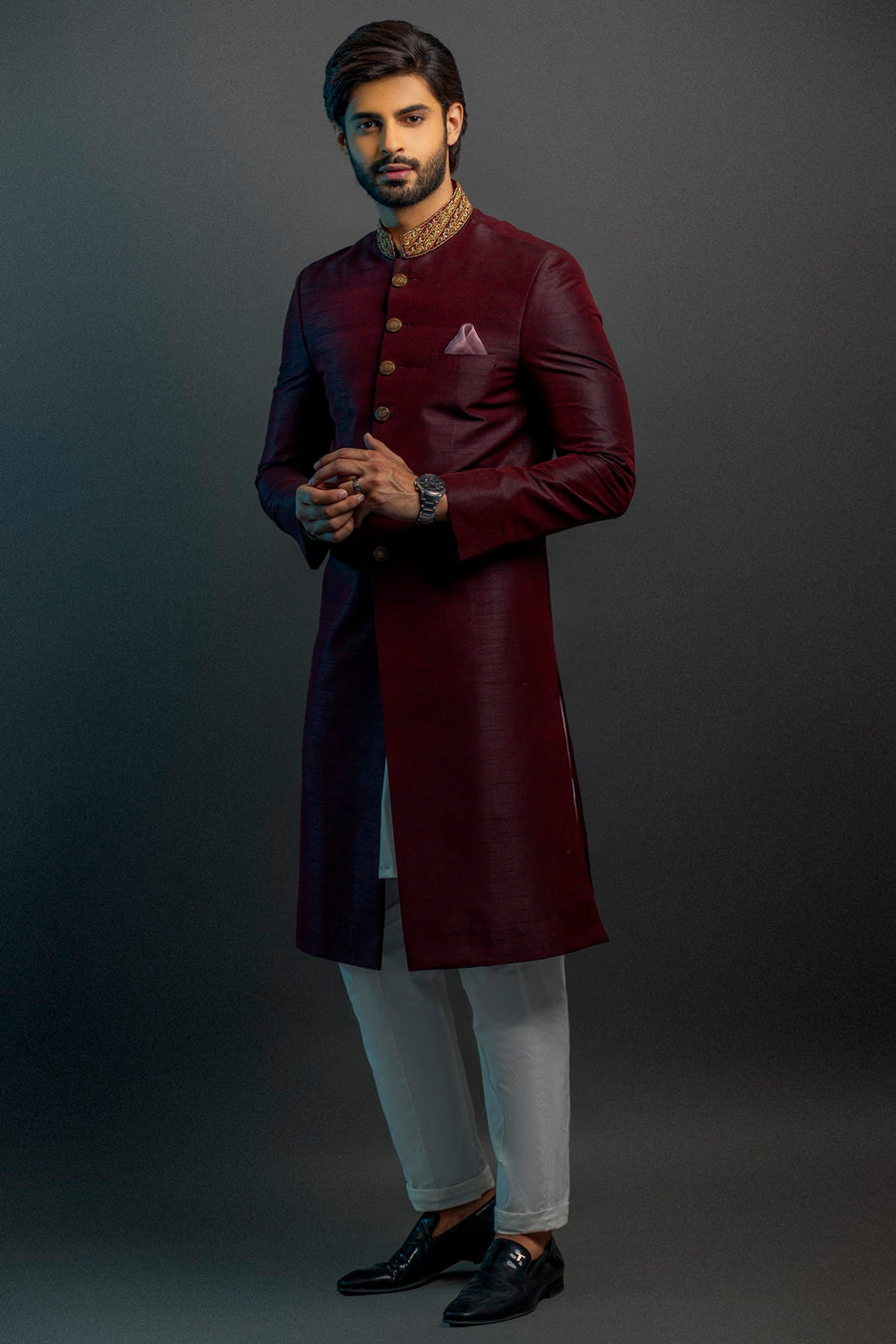 CLASSIC MAROON RAW SILK SHERWANI
