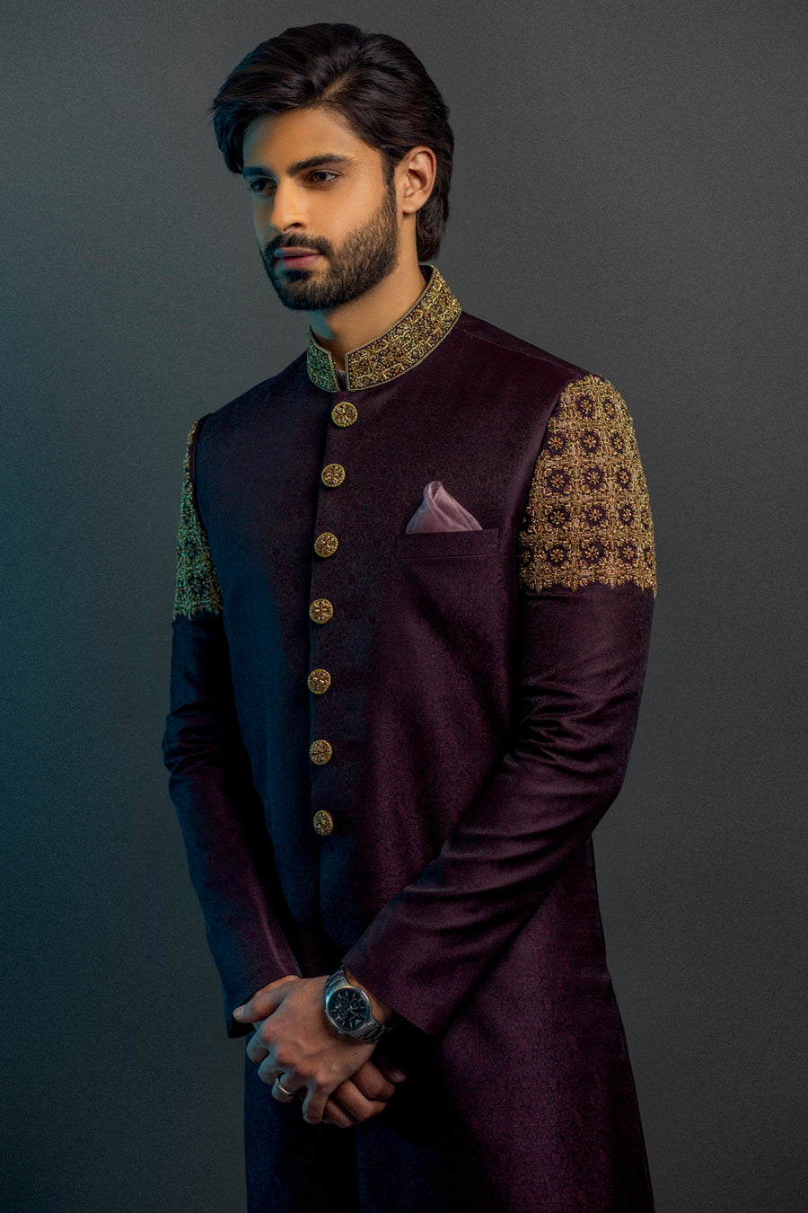 Purple Raw Silk Hand Embroidered upper arm and Collar