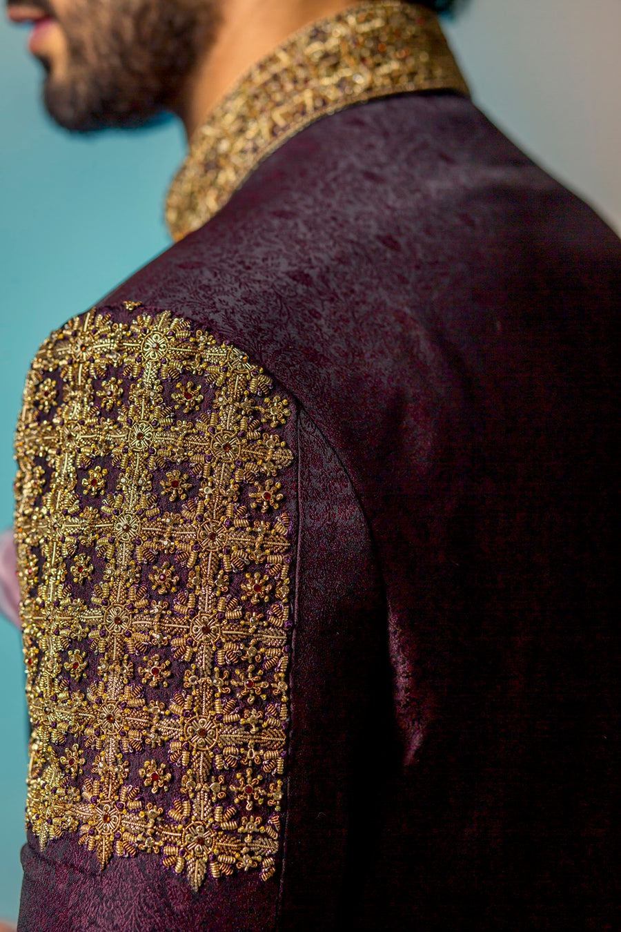Purple Raw Silk Hand Embroidered upper arm and Collar