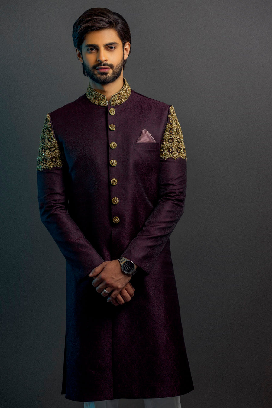 Purple Raw Silk Hand Embroidered upper arm and Collar
