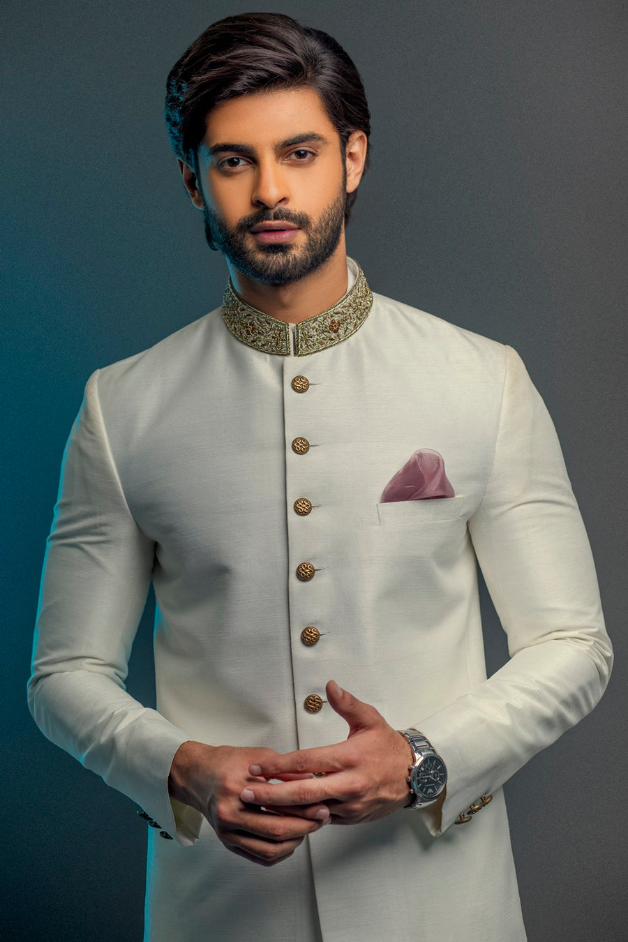 CLASSIC WHITE RAW SILK SHERWANI