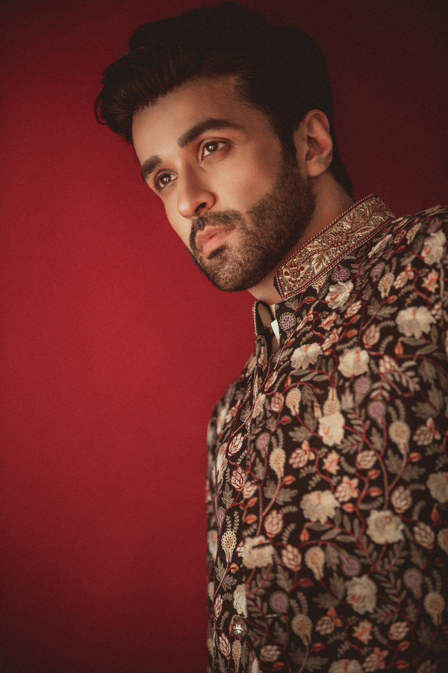 Black Raw Silk Embroidered Sherwani