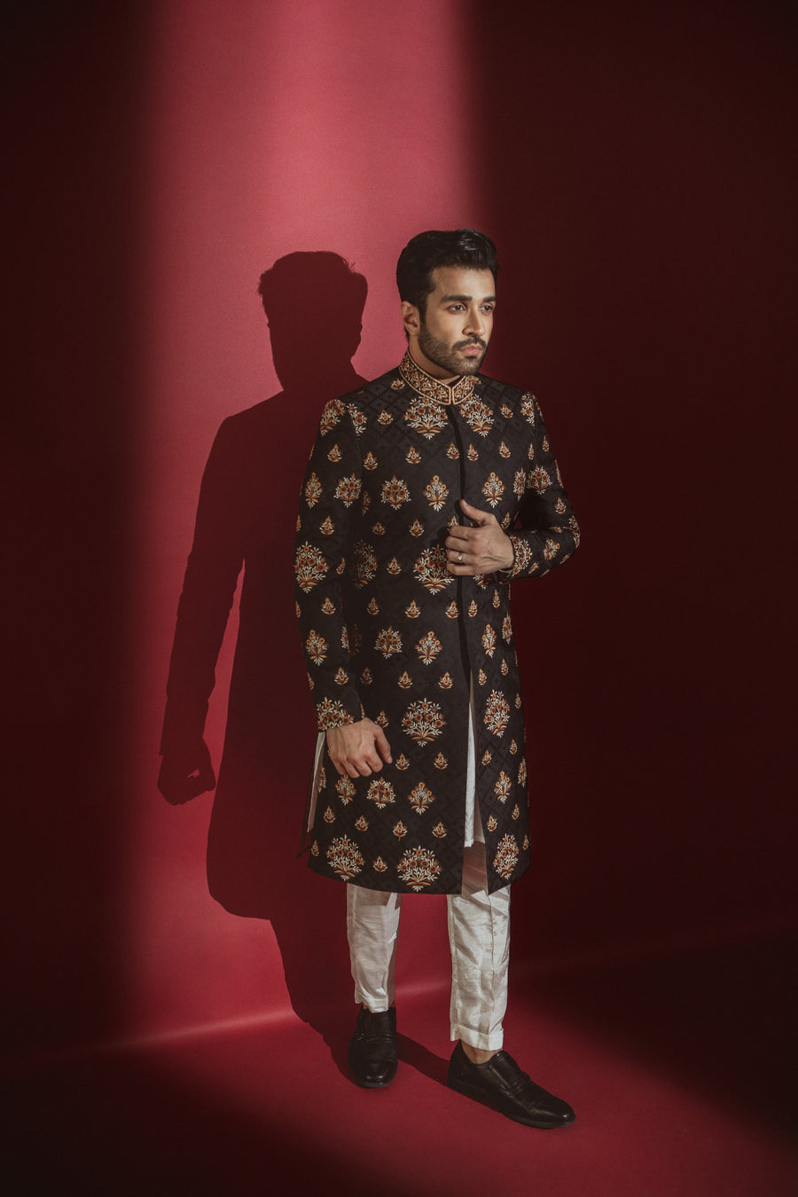 Black Embroidered Sherwani on Textured Karandi Atlas