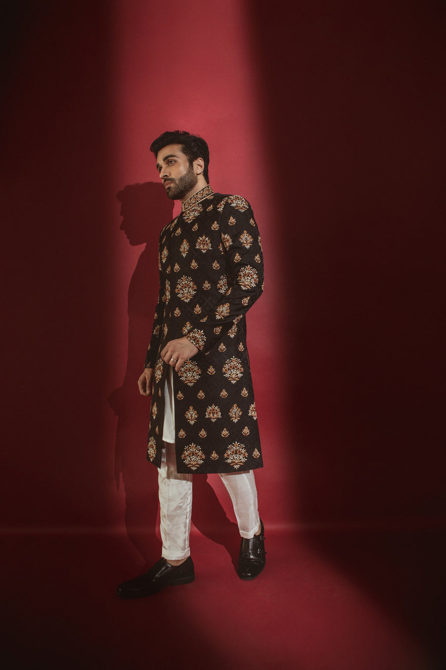 Black Embroidered Sherwani on Textured Karandi Atlas