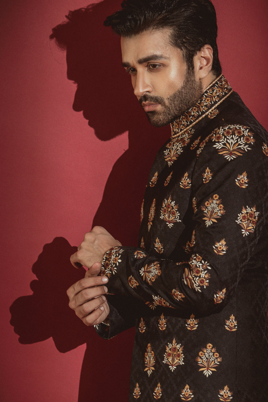 Black Embroidered Sherwani on Textured Karandi Atlas