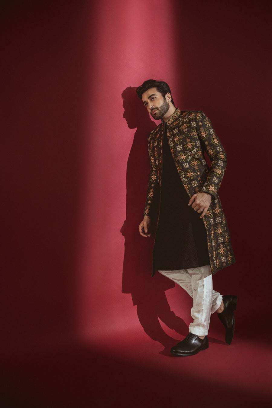 Black Raw Silk Front Open Embroidered Sherwani