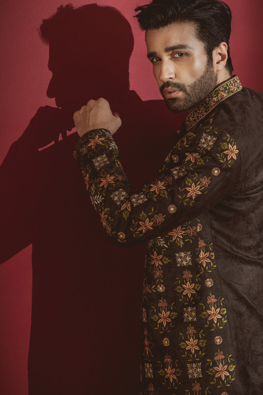 Black Raw Silk Front Open Embroidered Sherwani